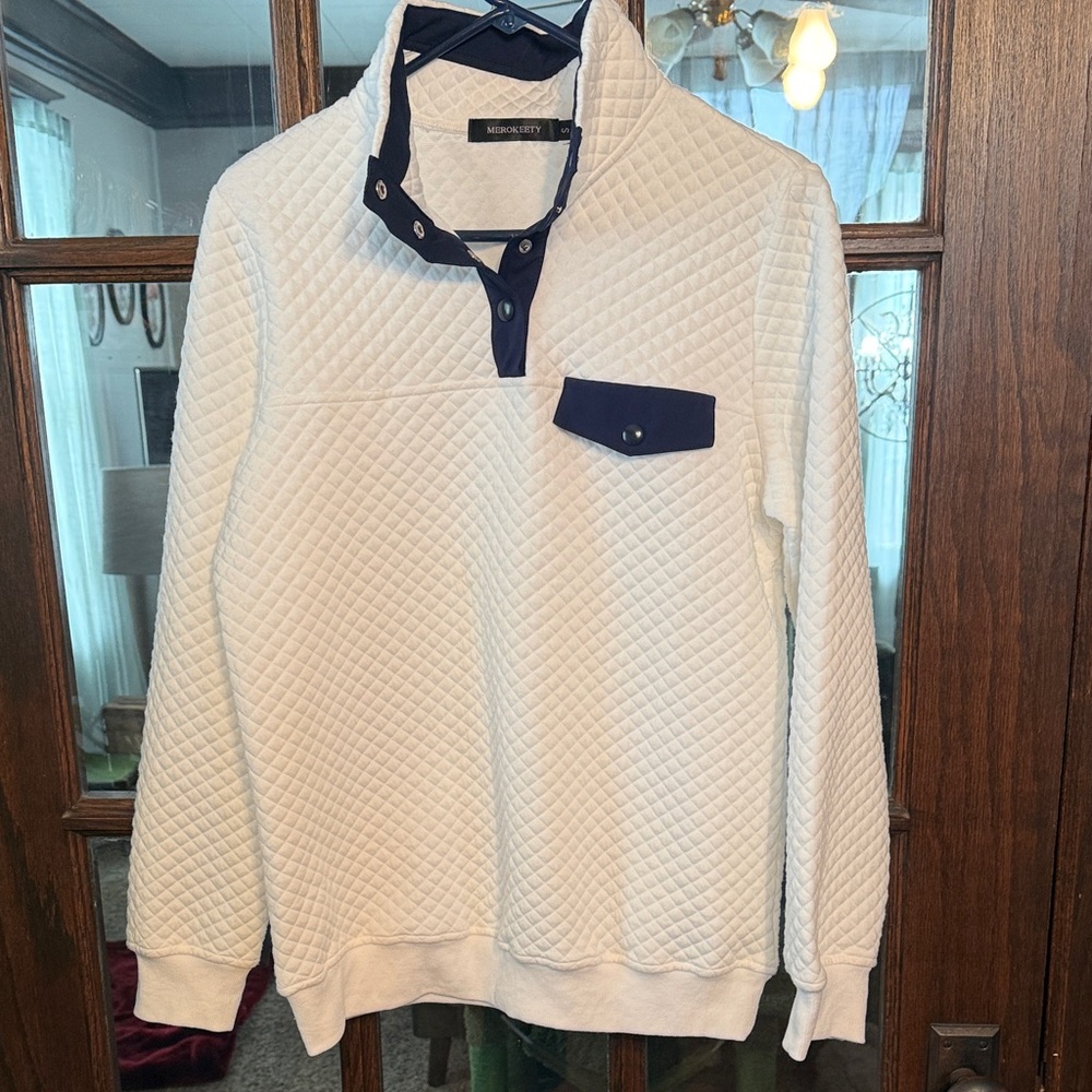 MEROKEETY Mens Quilted Snap Neck Pullover White Navy‎ Blue Diamond Knit Small